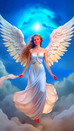 a white beautiful angel with white wings among the clouds and stars