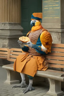 Half parrot half human in a 1700s Orange Dutch uniform siting on a bench in a Dutch city eating a loaf of bread