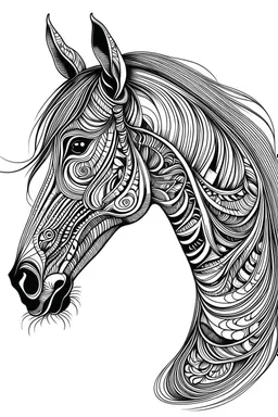 realistic horse head tattoo idea, line art, background, vector, svg, black outline on white background, leave plenty of white space beetween lines for coloring, tattoo style, tattoo idea,full body, minimalist