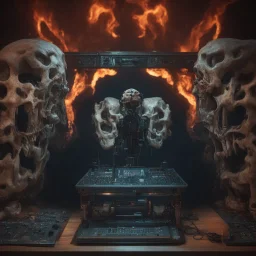 DJ of the damnded, insanely detailed DJ booth in hell, MID set, speakers and equipment made of bone, anatomically correct, add more skulls in th audience, photorealism, vray, 8k 3d