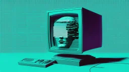 synth-wave, man no head, with monitor as head, iconic:1.8),