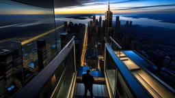 Capture the view from a skyscraper. Show the cityscape in a new light