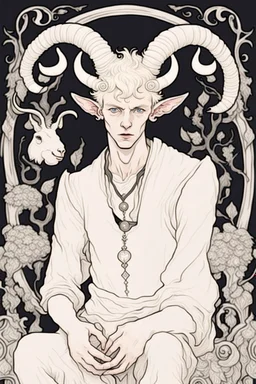 young satyr male albino alchemist with goat horns in the style of Aubrey Beardsley