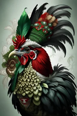 Rooster portrait, textured detailed feathers adorned with rococo style green and black and red pearls, diamond headdress, florals, organic bio spinal ribbed detail of detailed creative 3d rococo style light white floral background extremely detailed hyperrealistic maximálist concept art