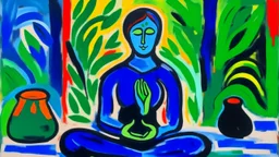 An oil expressionist painting by Matisse of a yoga teacher meditating.