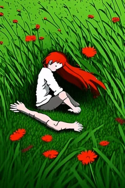 A lonely man is hugging his knees and sleeping in the meadow, cartoon style- anime