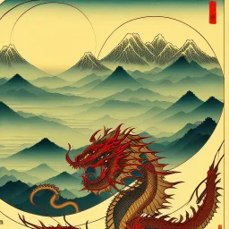 Ukiyo-e art, dragon, mountains, sun