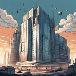 Illustration in the Marvel Comics Style of a Contemporary Skyscrapper futuristic Governmental Courthouse