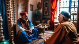 Two fifty-year-old people in traditional Moroccan clothing are discussing in the room of a Moroccan house