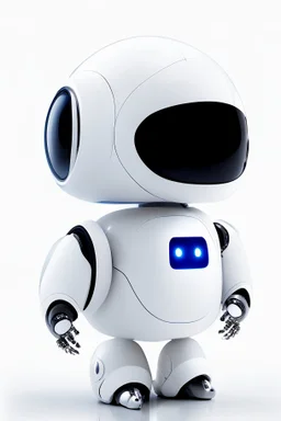 cute minimalistic robot with a big head, digital face, oval body, head and body together, white skin, no legs, no feet, integrated painter arm, 3/4 angle, awesome pose, white background