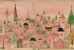 A pale pink village with a magic show painted by Paul Klee
