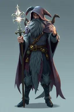 good low poly merman thief priest with long fur all over his entire body and bright aura and a nerd magical wizard shark raven
