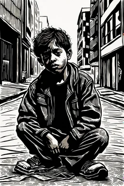 create a deeply powerful tragic, heart wrenching, and evocative, full body woodcut of a homeless and hungry young Muslim refugee boy with highly detailed and deeply cut facial features, lost in a horrific post apocalyptic Gaza, in the style of KATHE KOLLWITZ , searing lines and forceful strokes