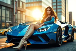 Create an ultra-realistic cinematic 8K fullbody of lady mode skin texture, add makeup,pretty boots,curvy long hair. Style: fashion editorial, confident is driving a blue Lamborghini SC20 in streets of a modern city. Lighting: warm golden hour sunlight, soft rim light. Camera look,camera capture full Lamborghini SC20: shallow depth of field, film grain, cinematic color grade.