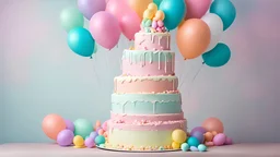 Tiered birthday cake with pastel colored tiers decorated with party balloons