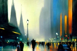 City, city lights, distant city, cars, people, street, lesser ury impressionism painting