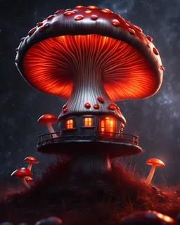 A solitary floating mushroom house on a clear night. silver and orange and red, Dark cosmic interstellar. Detailed Matte Painting, deep color, fantastical, intricate detail, splash screen, hyperdetailed, insane depth, concept art, 8k resolution, trending on Artstation, Unreal Engine 5, color depth, backlit, splash art, dramatic, High Quality Whimsical Fun Imaginative Bubbly, perfect composition