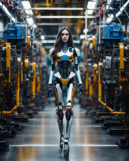 A length image full body photography cinematography colors a beautiful woman long hair humanoid robot ,she walk in between two rows of complex machinery with vibrant colors