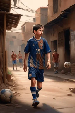 Lionel Messi, young boy, detailed, hyperrealistic, playing football in a dusty street of Rosario, Argentina. Short dark brown hair, average height, wearing a Newell's Old Boys jersey.