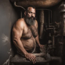 full figure shot photography, ugly wet arab beefy plumber repairs boiler, burly, shirtless, hairy allover, manly chest, long beard, 42 years old, dressed in broken dirty boxer, big thighs, seen from below, frontal view, ambient occlusion, side light