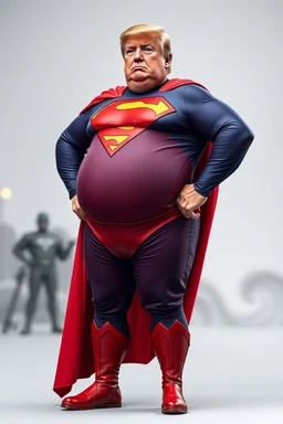 a thoroughly confused, elderly and morbidly obese donald trump standing dressed as superman