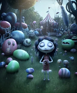 Tim burton photographer, Ultra realistic garden night scene, portrait, wide angle view :: child playing with feather pillows and sweet inflatable monsters, circus dress style, feather color, free jumping, many trinkets, hair monster, many jelly beans, balls, smile, extreme, wind, soft color, highly detailed, unreal engine 5, ray tracing, RTX, lumen lighting, ultra detail, volumetric lighting, 3d, finely drawn, high definition.