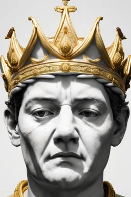 Ultra Realistic image, classic sculpture, white marble material, Maradona, gold laurel leaves crown, gold veins, gold ornaments, sun rays background, waist up portrait, epic, celestial, cinematic lighting, God lights, 4k resolution, smooth details, soft lighting, unreal engine 5, art station, substance 3d.