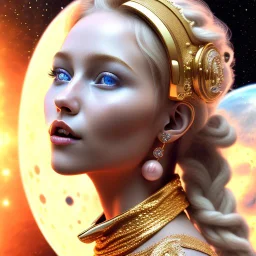 brown eyes, laugh, blonde sophie hennie cute young woman singing at saturns europa moon, golden jewelry, ice cold, winter, magnificent, majestic, highly intricate, incredibly detailed, ultra high resolution, complex 3d render,renaissance painting