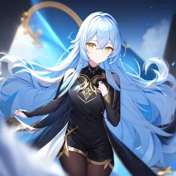 Clear focus, High resolution, Long light blue fluffy hair, hair between eyes, yellow eyes, wearing black fabric shorts, detailed outfit, blue and black outfit, gold accessory