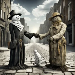 sinister weirdcore, Snowman vs Scarecrow, Snowman shaking hands with a scarecrow in middle of city street in the summer, by Ben Goossens, mind-bending hyperrealism, weirdcore, something strange about to happen, sunny day natural lighting, by Joel-Peter Witkin