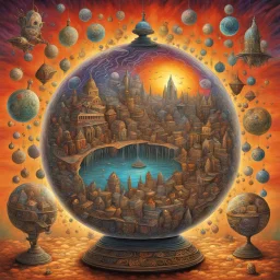 surreal fantastical alternate reality contained in a surreal glass globe, alternate reality containing many surreal eyeballs, hypersurrealism, by Alexander Jansson, by Alex Grey, by Moebius, insane psychedelic art, bright colors, intricate details, volumetric lighting, magical realism, black astral background.