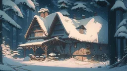 studio ghibli, a house, snow, woods,