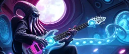 illithid squid guitar acoustic banger, instrumental, celtic, georgian, gypsy jazz, back on track portrait of space captain gnome lich, , priest psycho, in cockpit, celtic knot hollow tube transparent core ornate indented space ship, shiny bright mega ship flourescent white blue like bubble gum with a few big windows and decks, interdimensional twister, rock against colored spaced fog, space interior. split tail, winged serpent, glowing aura