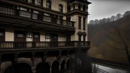 2.Create an image depicting a ghostly figure standing on the hotel's balcony, overlooking the falls, evoking the haunting presence that lingers within its walls.