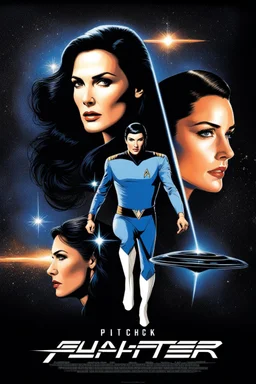 Pitch black background - multicolor splatter painting - 30-year-old Lynda Carter/Gal Gadot/Megan Gale/Demi Moore/Jennifer Connelly, who resembles Spock, with long, straight black hair, deep cobalt blue eyes, wearing a long-sleeved, blue, slit, mini dress with a plunging neckline and a star trek upside down V-shaped communicator badge on the left side of the chest -4k, 8k, 16k, 32k, 1080p, UHD, hyper realistic, photorealistic, lifelike, realistic, absolute reality,