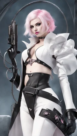 A close picture to white blind vampire with white and pink short hair, slave, Tusks, malicious smile, Handcuffs, Weapon handcuffs in dreamshaper finetuned model with dynamic art style witg