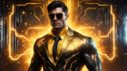 Hyper Realistic handsome muscular Electric-Superhero with short-black-hair wearing long-fancy-golden-tuxedo-with-yellow-circuit-patterns & fancy-sunglasses in a dark-rustic-circuit-room with electric-sparks-&-rays & a massive circuit-board-wall with-glowing-embers showing dramatic & cinematic ambiance.