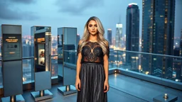 very beautiful model lady with makeup and beautiful modern fashion midi pleated velvet dark silver lace skirt with lace edges and modern loose lace top with a loose over, curvy silver long hair, standing in a modern city open satge with 8 cubic mirrors(each with 4 equal hight and equal width, vertical mirror), each vertical on its own short rotating base. with some small lights on crystal frames, on roof of a skyscraper with city escape at background, with animating dynamic lights with high