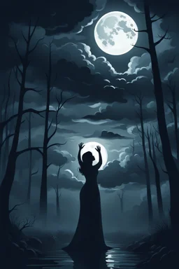 spooky, scary}, woods, night, a beautiful women holding a baby with her both hand up to the sky , a full moon dark theme , stormy clouds