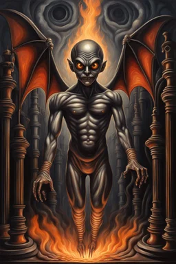 endless master oil painting, warm welcoming close up on lift pole down to hell, well, inferno cute big eyed one eyed transparent muscle mega brass bat laptop journalist harlequin acrobat crawl in from the dark shadows, in the style of Escher and Giger