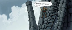 d&d illustration, Stigen opp i borgen virker stabil, men skjelver. Neste steg?x "Forsterk med en pinne", Ogren godkjenner improvisasjonen din. hero in ladder, troll approves
