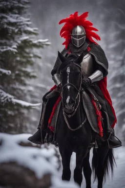 portrait of black knight using a prism as armor, on horse with red feather on stone bridge in mountain pass in snowy forest,shot on Hasselblad h6d-400c, zeiss prime lens, bokeh like f/0.8, tilt-shift lens 8k, high detail, smooth render, down-light, unreal engine, prize winning