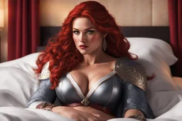 Subject & Action: A photorealistic portrait of Red Sonja. She is sitting up in a large hotel bed, actively awakening from a heavy sleep. Her face shows deep disorientation and subtle furrowed confusion as she glances down at her unfamiliar attire. Her iconic wild, crimson hair cascades messily over her shoulders and onto the sheets. Attire & Details: She is not in armor, but wearing an elegant, deep burgundy (oxblood red) silk slip dress with delicate black lace trim at the bust and hem. The dr
