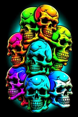 a stack of nearly anatomically correct cartoonish skulls, vivid colors, dark comedy, well lit, high detail,