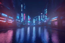 cinematic, night, Tokyo, Rain, high definition, blue neon lights, blender 3d