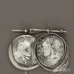 pendant in a form of two conjoined silver coins, watercolor, large strokes, artwork, fantasy