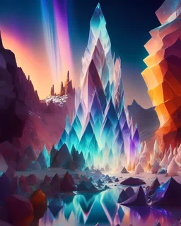 A breathtaking, otherworldly landscape where towering crystal formations catch and refract light, creating a dazzling spectrum of colors that illuminate the surrounding area.