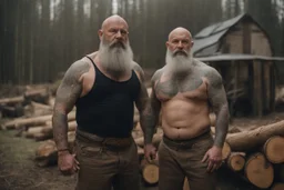 full body two men 50 years old woodcutter in boxer muscular chubby hairy shirtless with many tattooes with a huge bulge , body, long beard, wood background,High detail, very detailed, ultra HD, 8k, cinematic