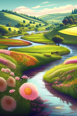 An idyllic countryside scene with rolling hills, blooming fields, and a meandering river