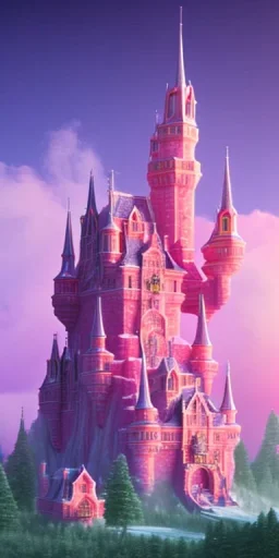 Ice cube shaped castle. pink houses, pink sky, pink smoke, trees, outdoors. street.